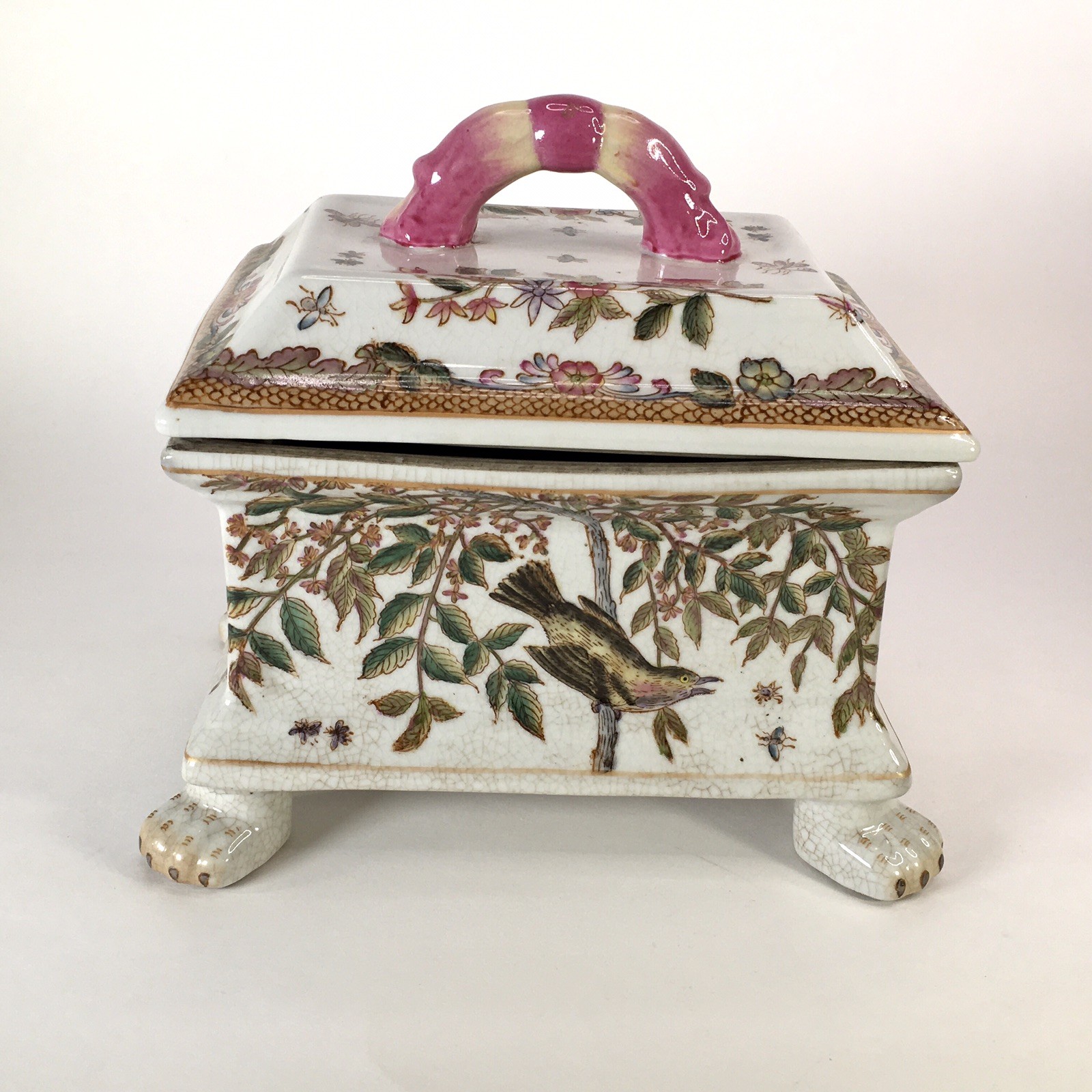 Vintage Hua Ping Tang Zhi Porcelain Chinese Bird Trinket Box Hand Painted