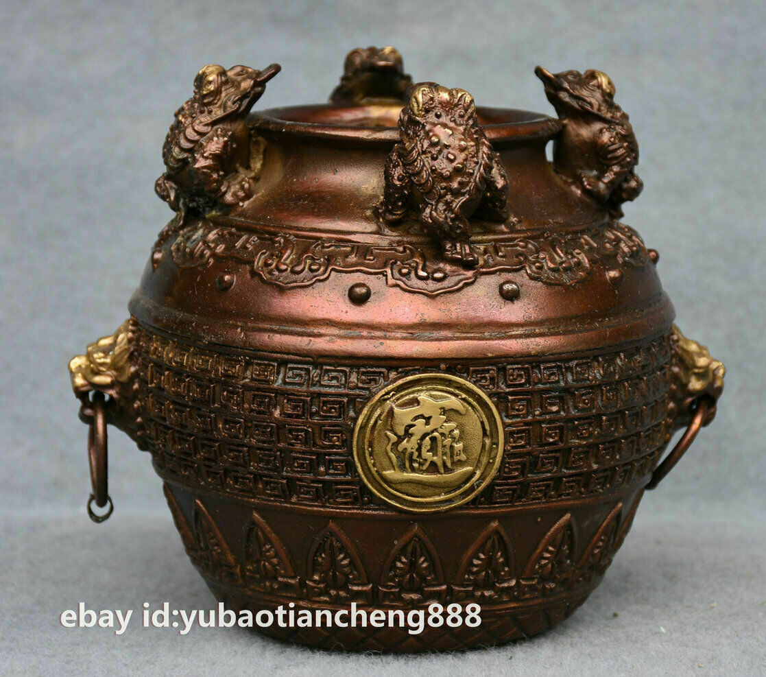 Chinese Folk Bronze Golden Toad Spittor wealth Beast Head Statue Tank Jug Jar