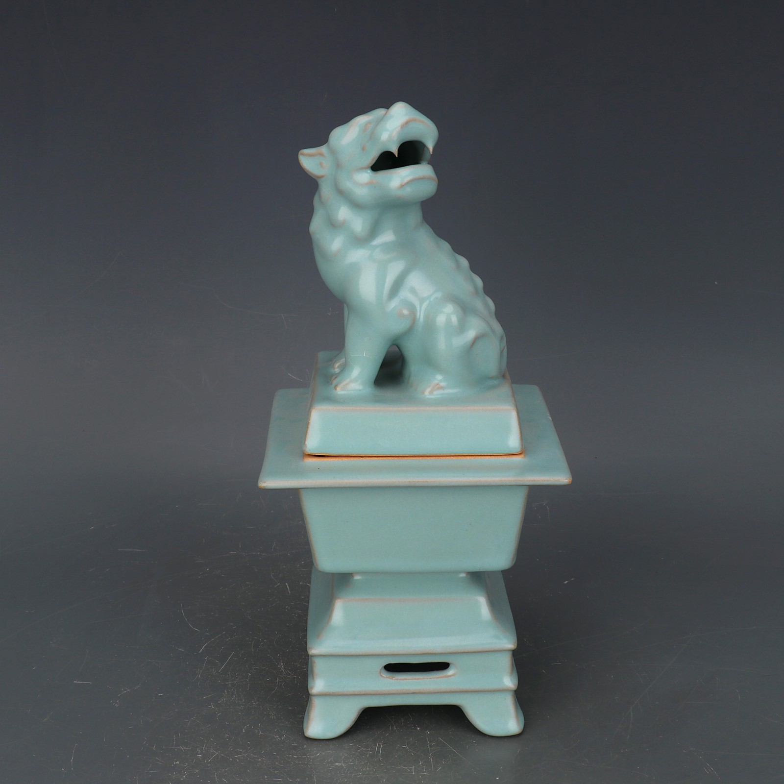 11.4″ China Song Ruyao Blue-green Glaze Porcelain Animal Lion Incense Burner