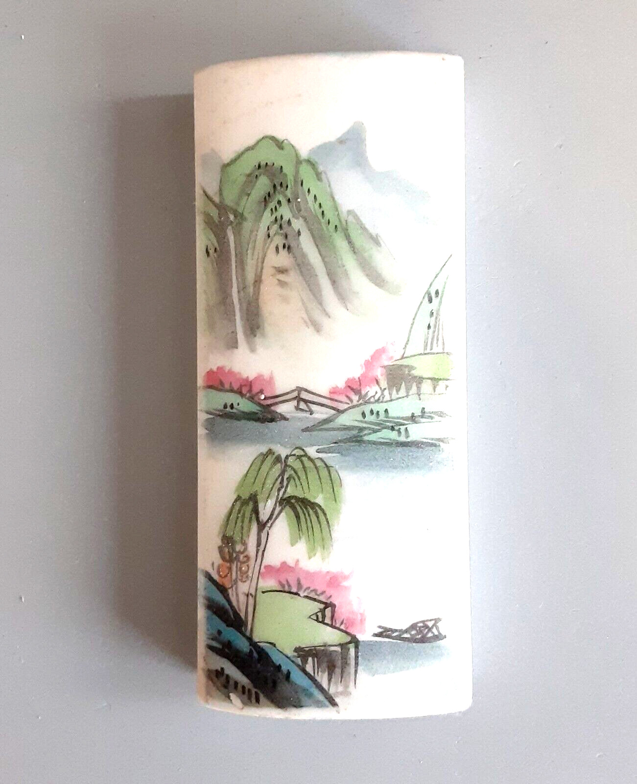 Chinese Hand Painted White Marble Stone Paperweight Landscape 2*4.5