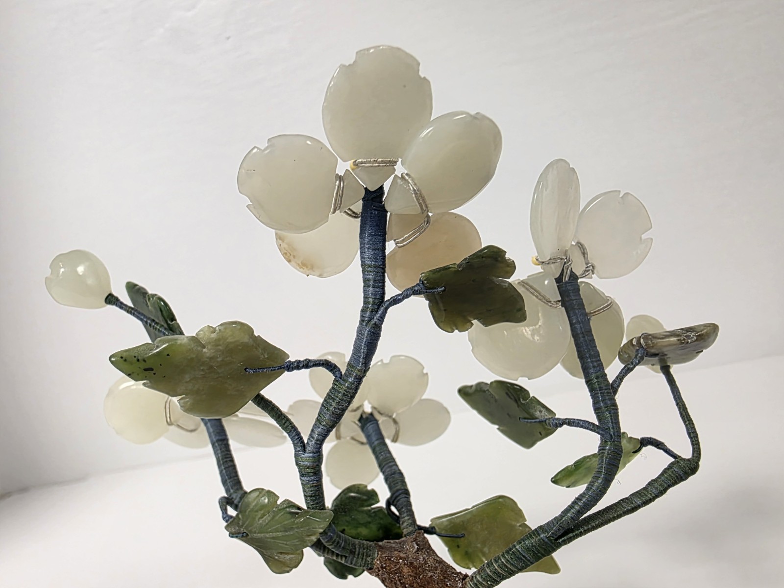 Asian Bonsai Tree Blossom Cloisonne Floral Pot White And Green Stone Jade?
