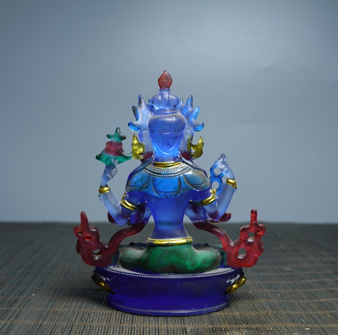 5.1″ Collect China Coloured Glaze Painted Four Arms Guanyin Kwan-yin Statue