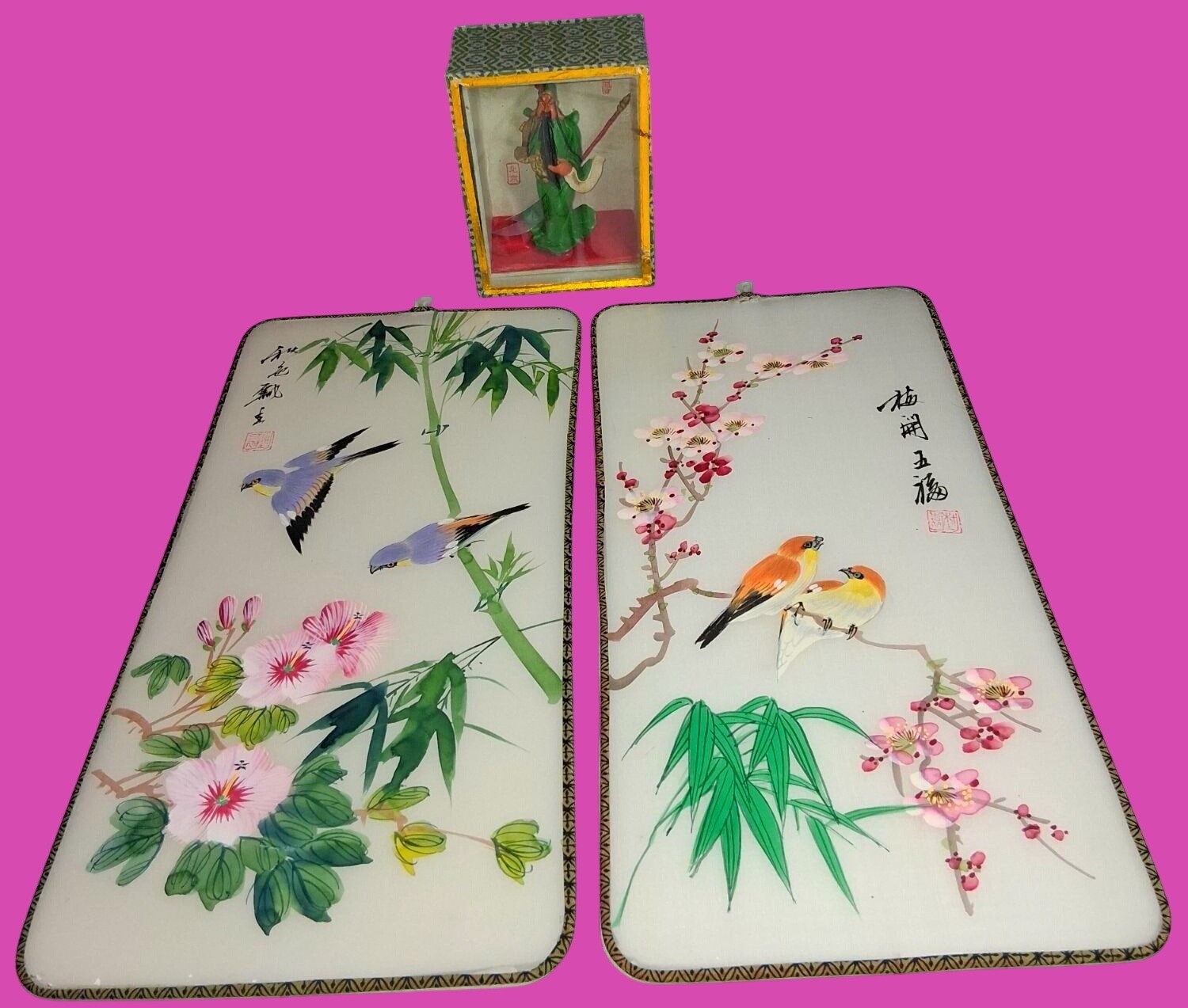 Lot of 3•Vintage Hand-Painted Chinese Silk Wall Art With Birds Flowers PLUS Guan