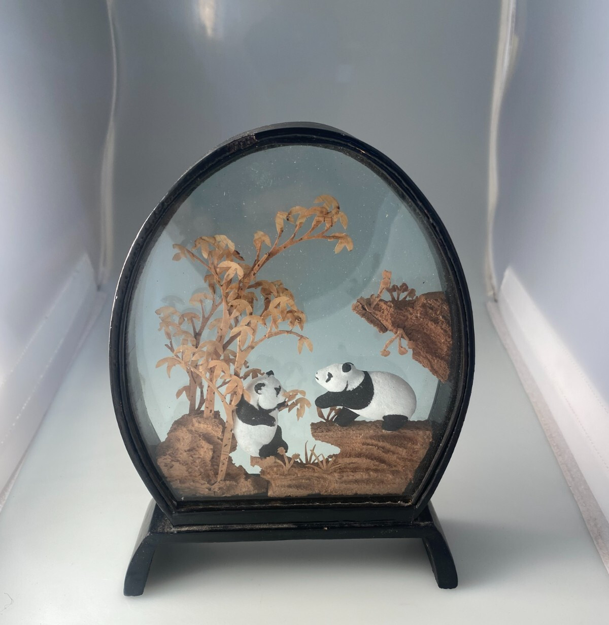Vintage Hand Carved Chinese Asian Cork Diorama 3D Scene Tree Bamboo Panda