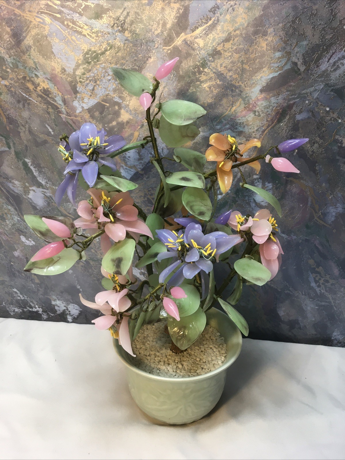 Oriental Bonsai Jade Color Art Glass Flowers Tree Celadon Porcelain Pot 12″-READ