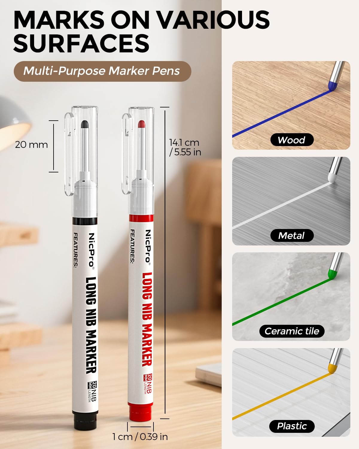 Nicpro 6 PCS Long Nib Marker Pens, 20mm Deep Hole Marker, 6 Pcs, Multicolor