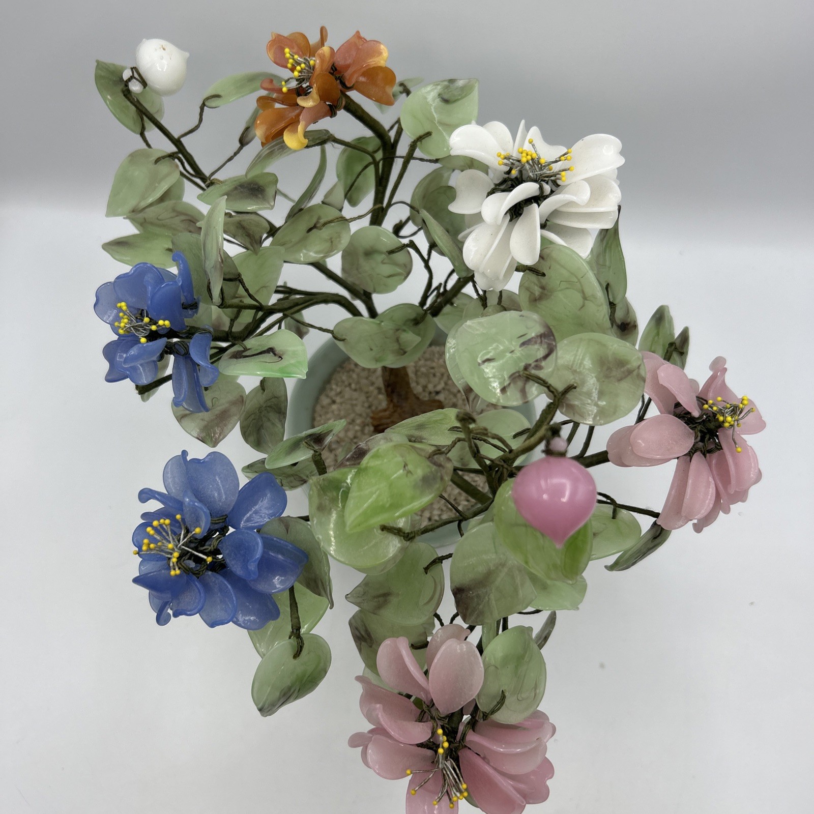 Chinese Jade Agate Glass Leaves Flowers Bonsai Tree 11″ 20th Century Vintage