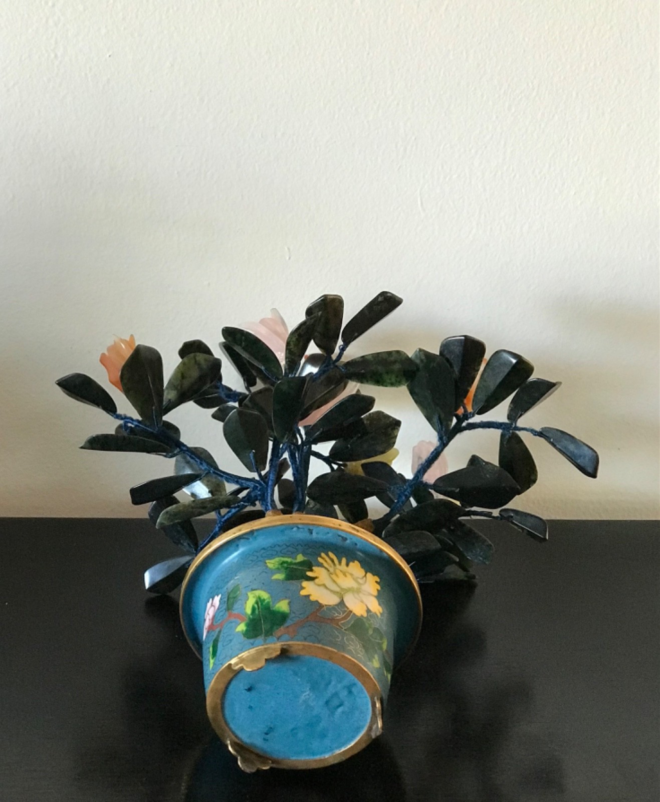 Chinese Vintage Jade Buddha’s hand Tree in Cloisonne Pot 10.5″ Inches Tall