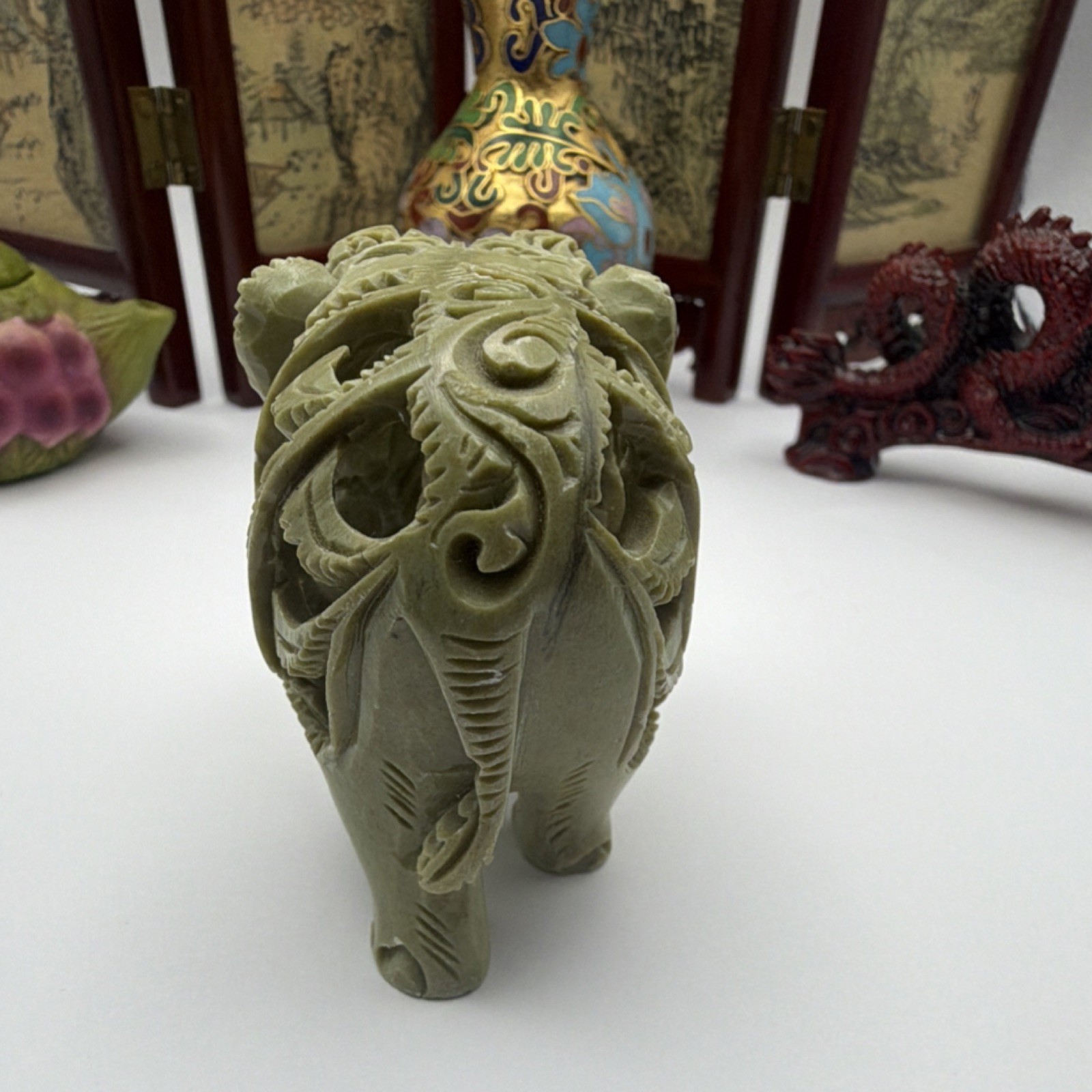 Antique Chinese Handmade Collectible Set: Vase, Teapot, Dragon, Elephant, Screen