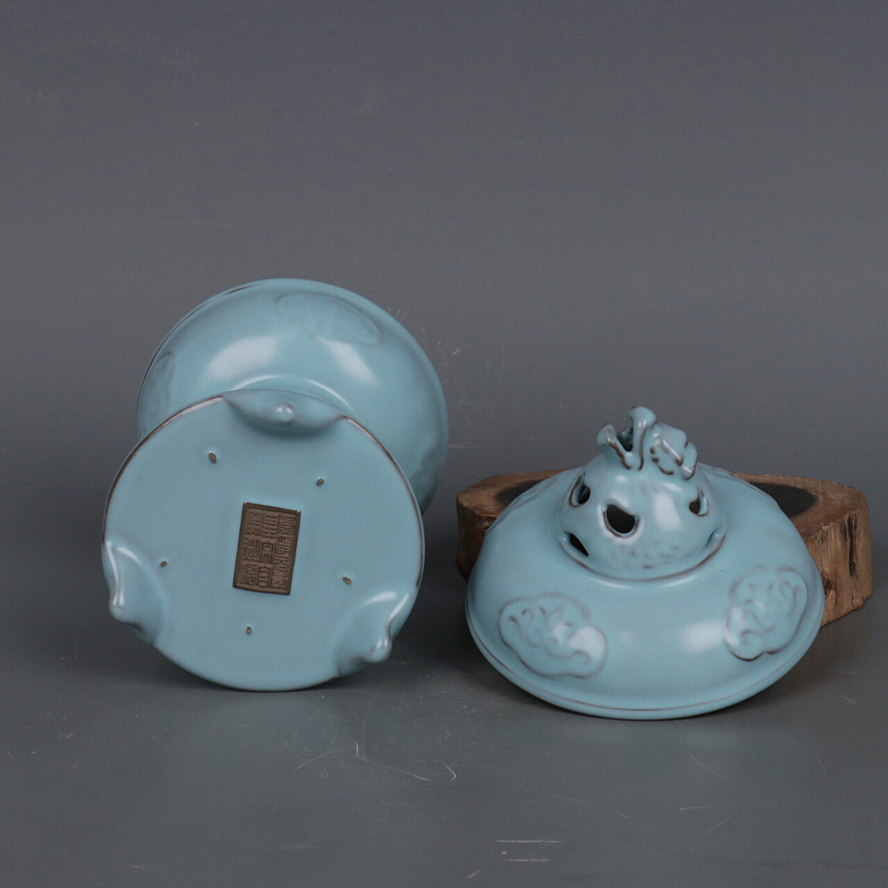 7.5″ Good Chinese Song Porcelain Ru Kiln Animal Foo Fu Dog Lion Incense Burner