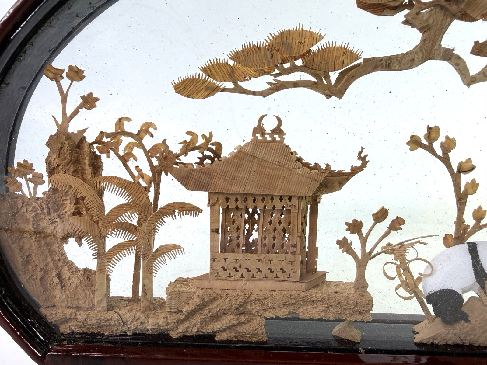 Chinese Carved Cork Art Diorama Pandas Pagoda Bamboo Trees VTG 8″