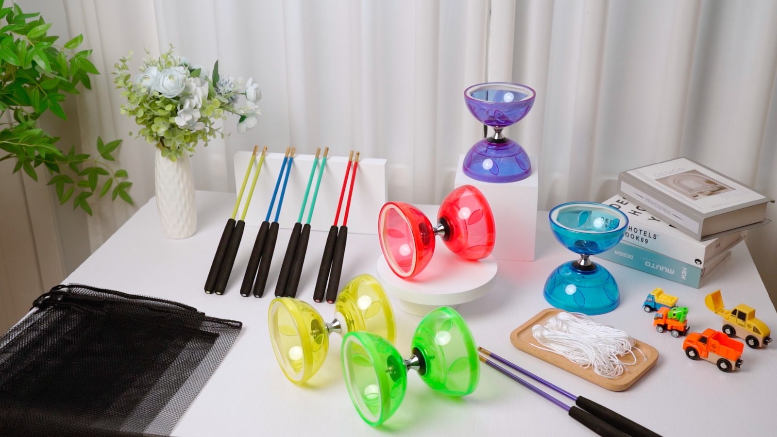 5 Set Chinese Diabolo Triple Bearing Yoyo 5” Multi-Color with Sticks & Bags