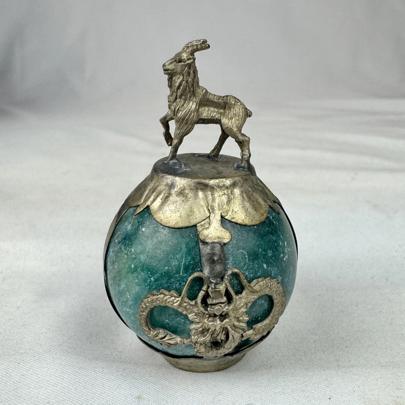 Vintage Chinese Zodiac SHEEP Green Marble Orb, Pewter/Tin Finial, Dragon Motif