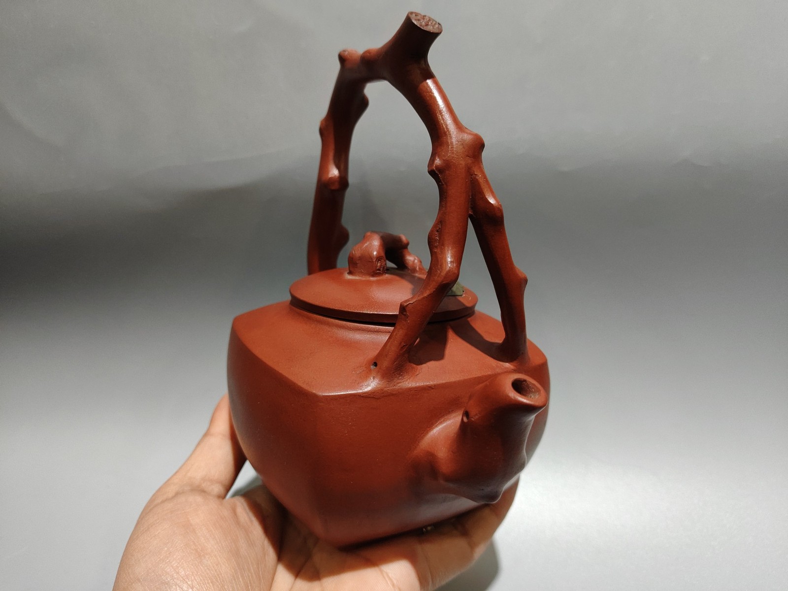 5.9″China Yixing Zisha Pottery red Clay 380CC square longevity peach beam Teapot
