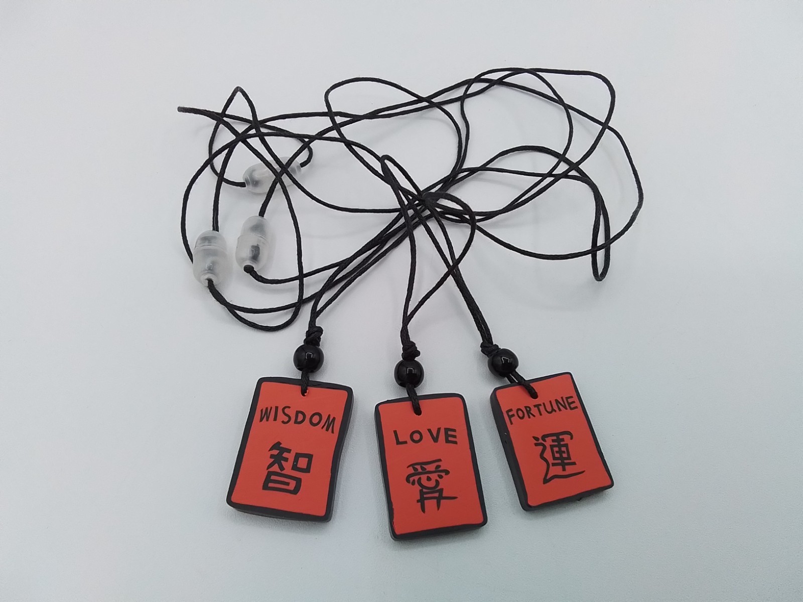 3 ASAIN CHINESE TILE 26″ NECKLACES LOVE WISDOM FORTUNE MYTHOLOGY PHILOSOPHY VTG