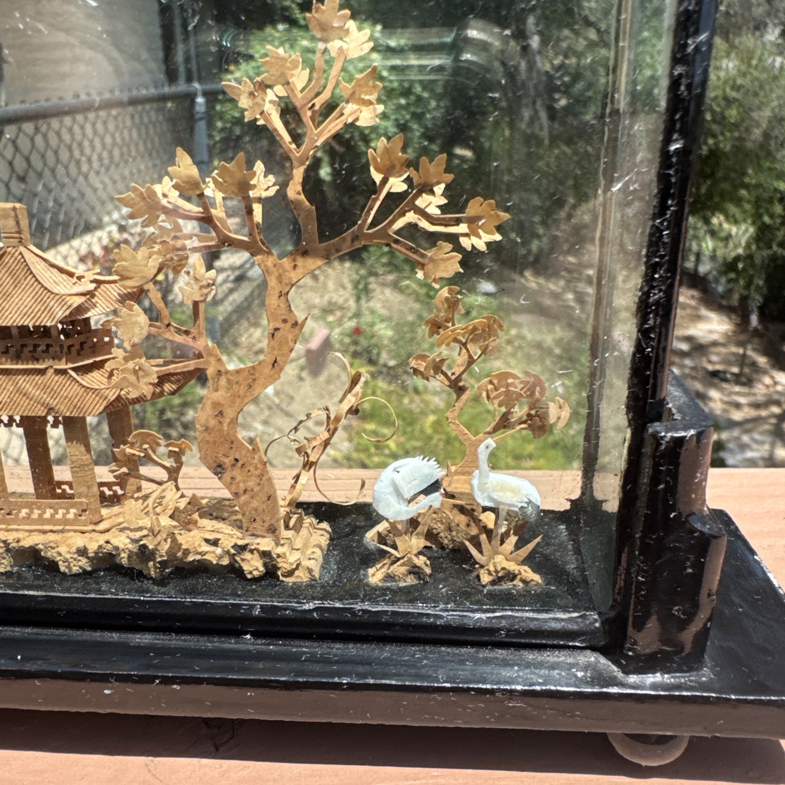 Vintage Chinese Hand Carved Cork Diorama with birds Framed Glass Wood 8” x 5”