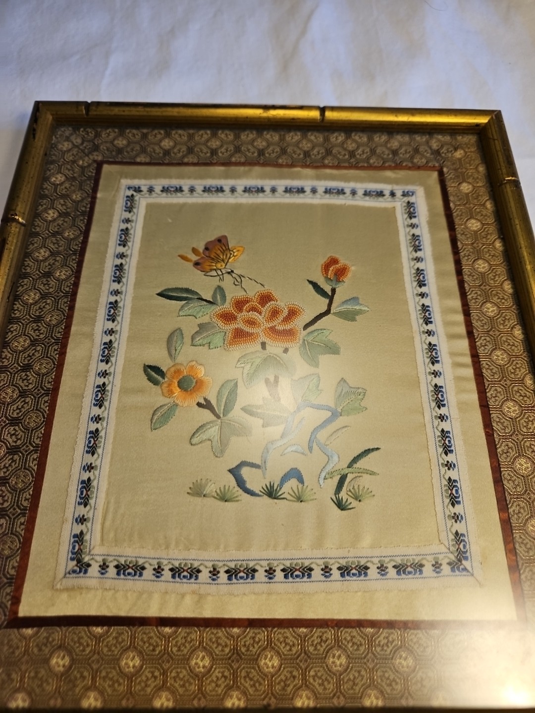 Hand Embroidered Silk Panel Flower and Pink Peach Butterfly ~ Framed Bamboo Like
