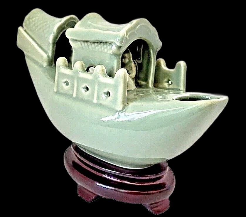 Yi Lin Arts and Treasures Celadon Boat and Wooden Stand with Silk Brocade Box