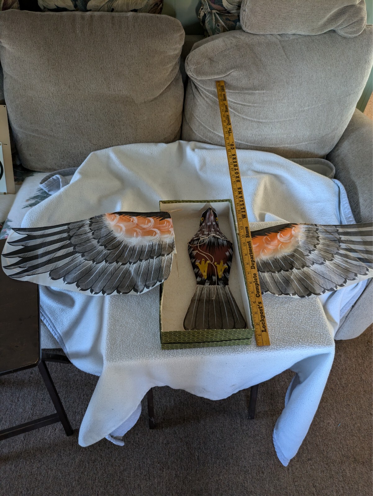 Vintage Chinese Silk & Bamboo Eagle Bird of Prey Kite with Box 36″ wingspan Rare