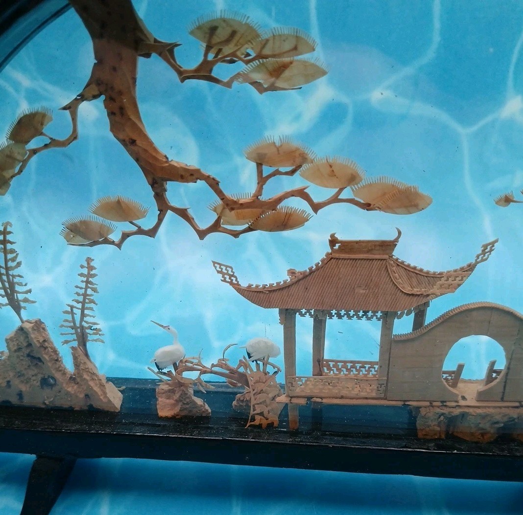 VTG Chinese Diorama Cork Carving Pagoda Trees Birds 10in x 6in Wood Glass Case