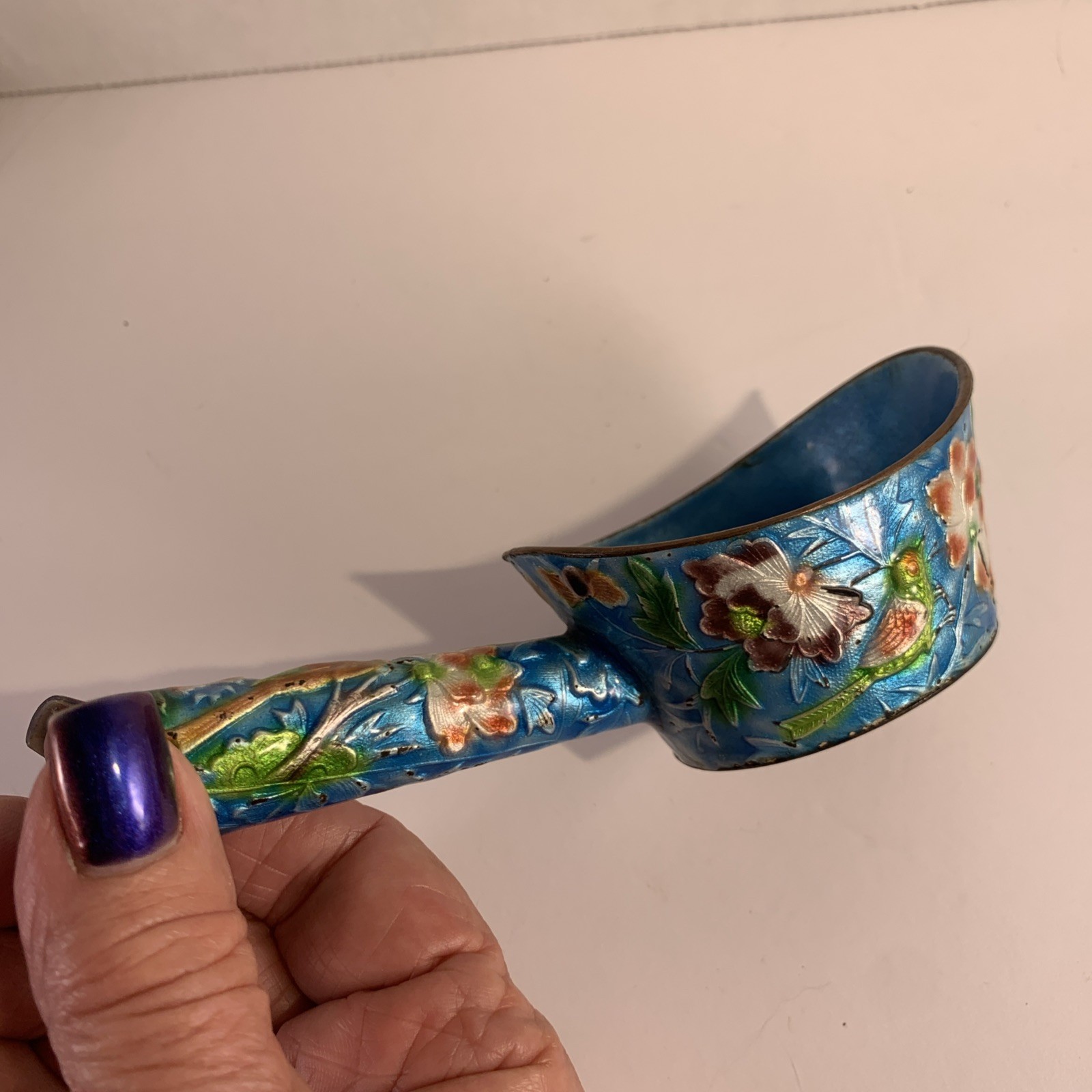 Antique Chinese Cloisonné Silk Iron Turquoise Bird Floral Dipper Scoop Qing Dyn