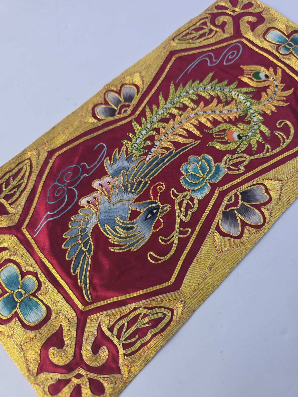 Vintage Chinese Phoenix Fenghuang Hand Embroidered Silk Rayon Panel 1980s