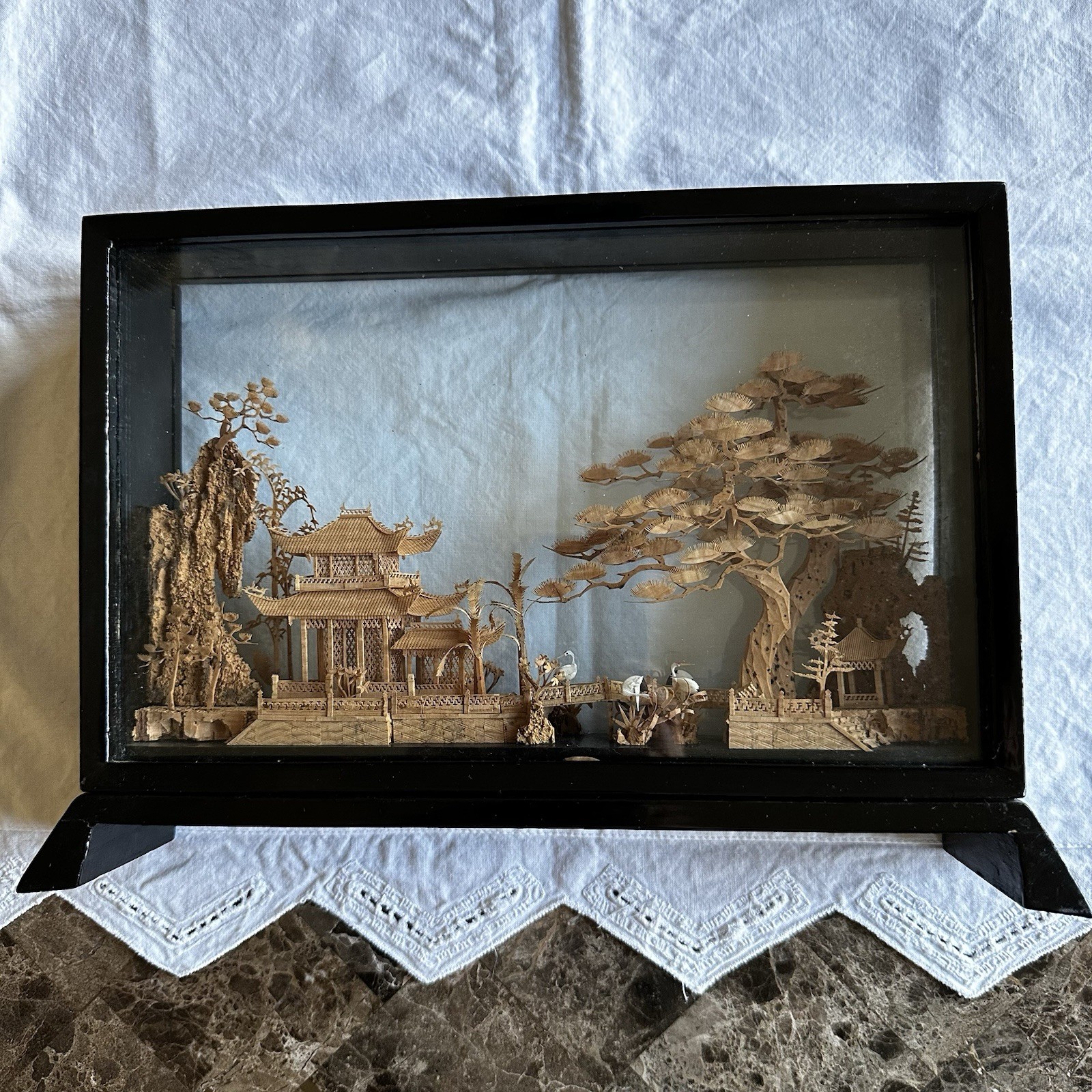 Vintage Chinese Cork Art Diorama 12.5” Pagoda Bridge Cranes Display Case