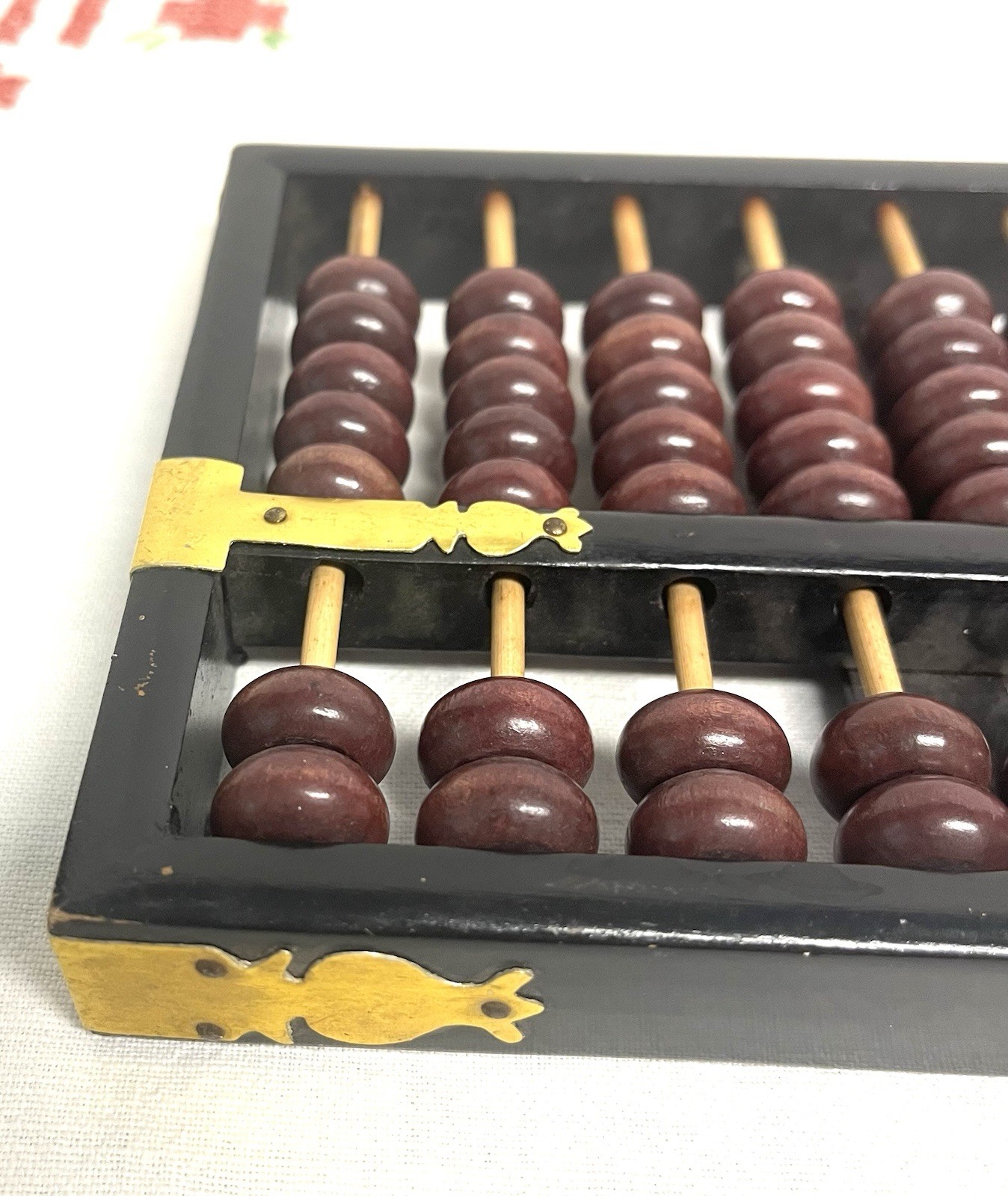 Vintage Chinese abacus black wooden frame brown beads brass reinforcements
