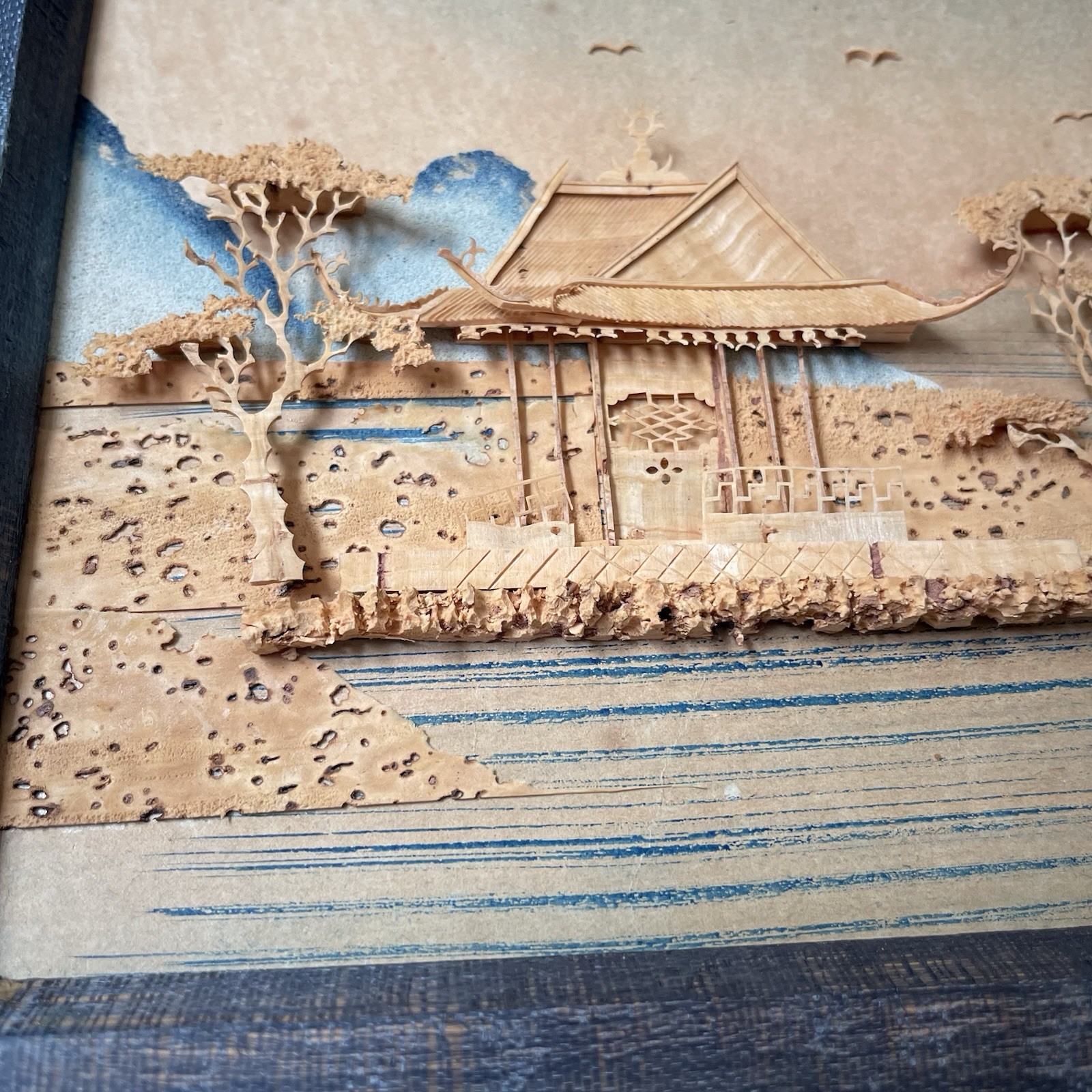Antique 1930s Chinese Cork Carving Art 3D Pagoda Diorama W/ Birds Trees Framed