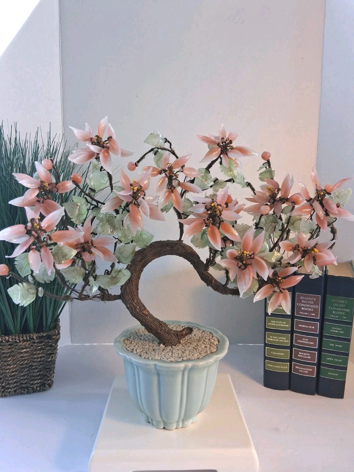 Vtg! XL Asian Bonsai Jade Glass & Coral Color Quartz Flowering Tree;14.5″x 13.0″