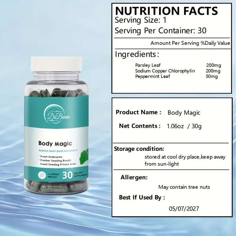 Natural Chlorophyll Capsules – Internal Deodorant for Body Odor Control (30 Ct)