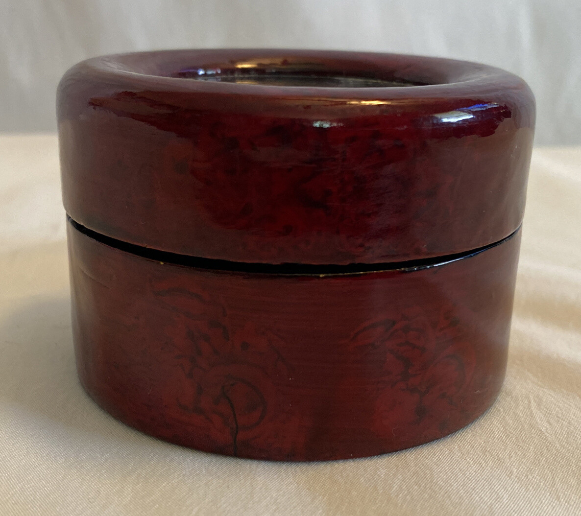 Vintage Wooden Trinket Box with Carved Cork Inlay in the Lid Lined with Red Silk