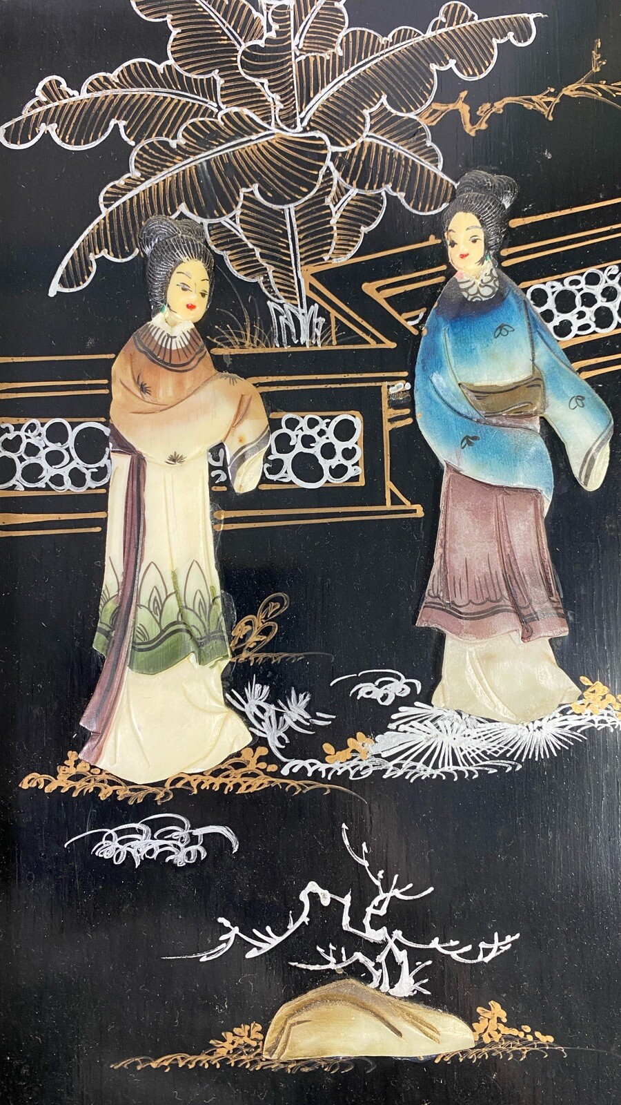 Vtg Lacquered Macau Black Wall Panels Mother of Pearl Decoration Asian Set 3