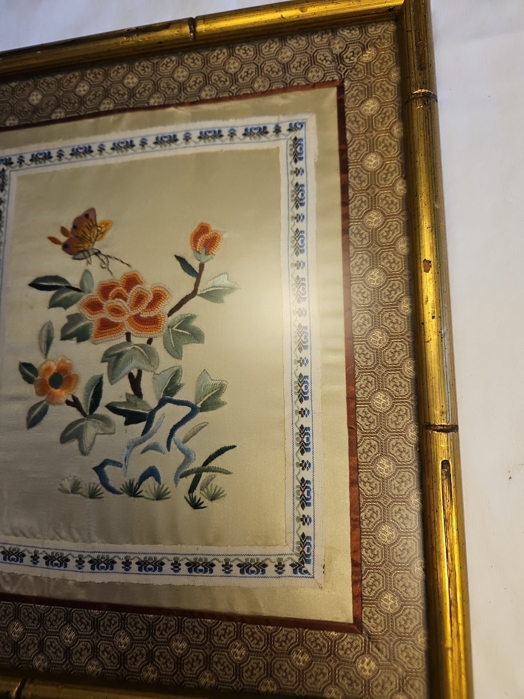 Hand Embroidered Silk Panel Flower and Pink Peach Butterfly ~ Framed Bamboo Like