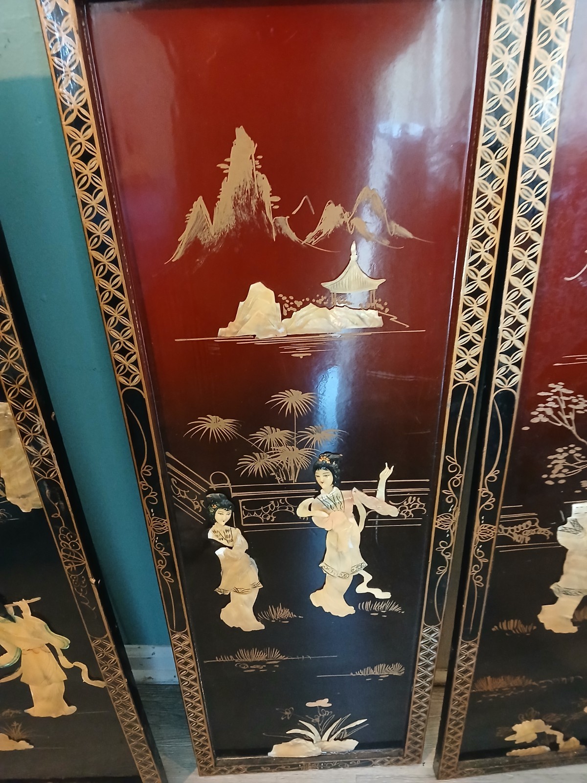 4 Vintage Asian Japanese Mother Pearl Black Lacquer Wall Panels 36″ x 12″