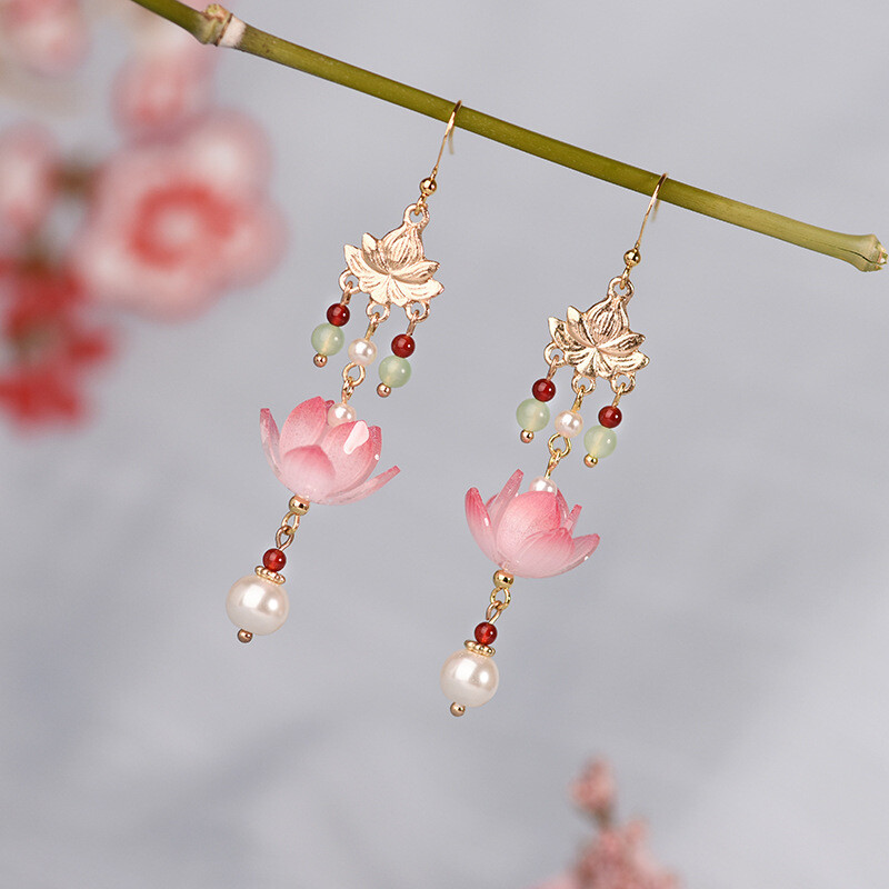 China Agate/Coloured Glaze/Pearl Lotus Flower Tibetan Style Earbob Earrings