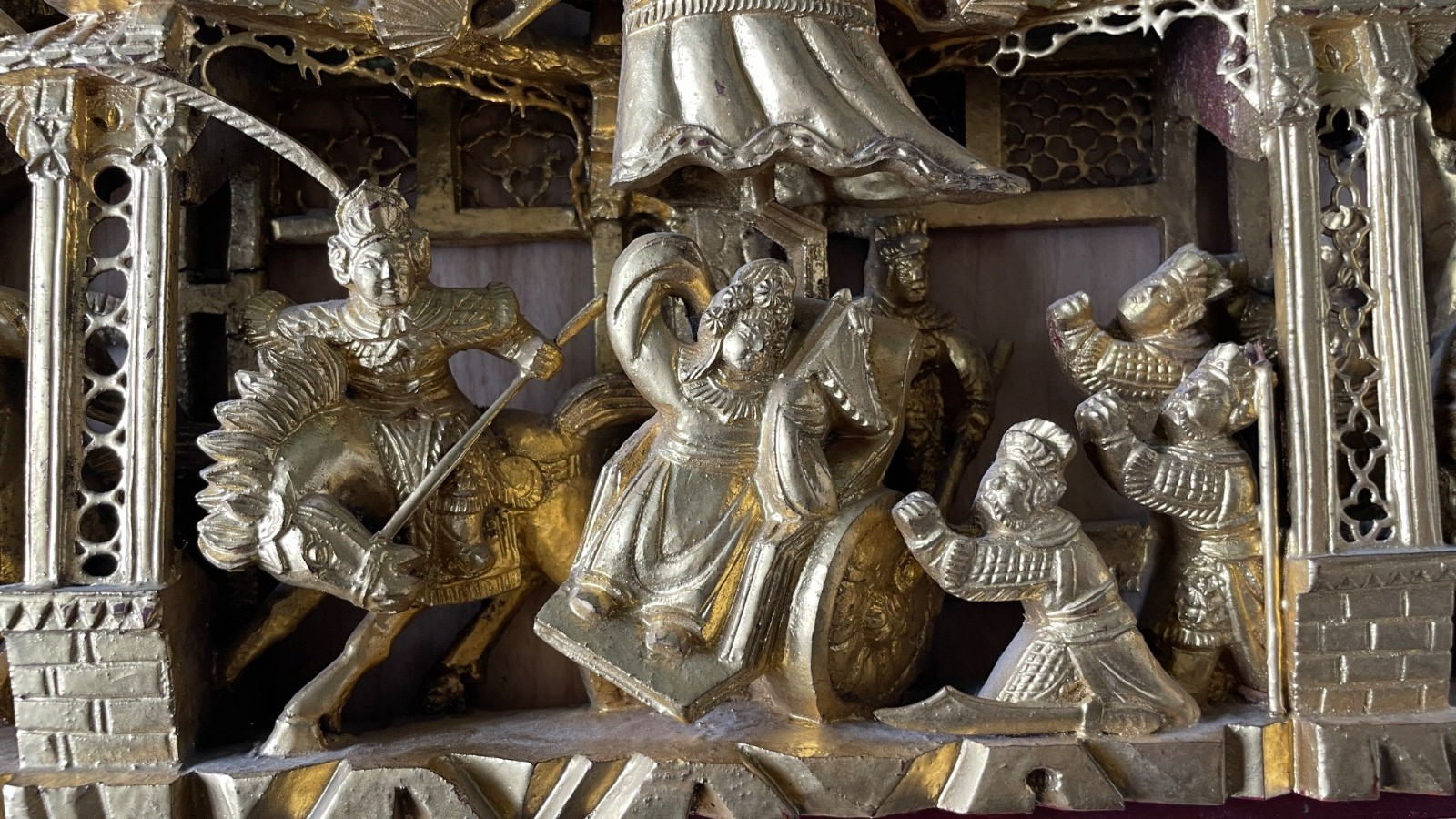Chinese Gold Gilt Wood Carved Relief Panel Temple Boat Warriors Horses 27×9