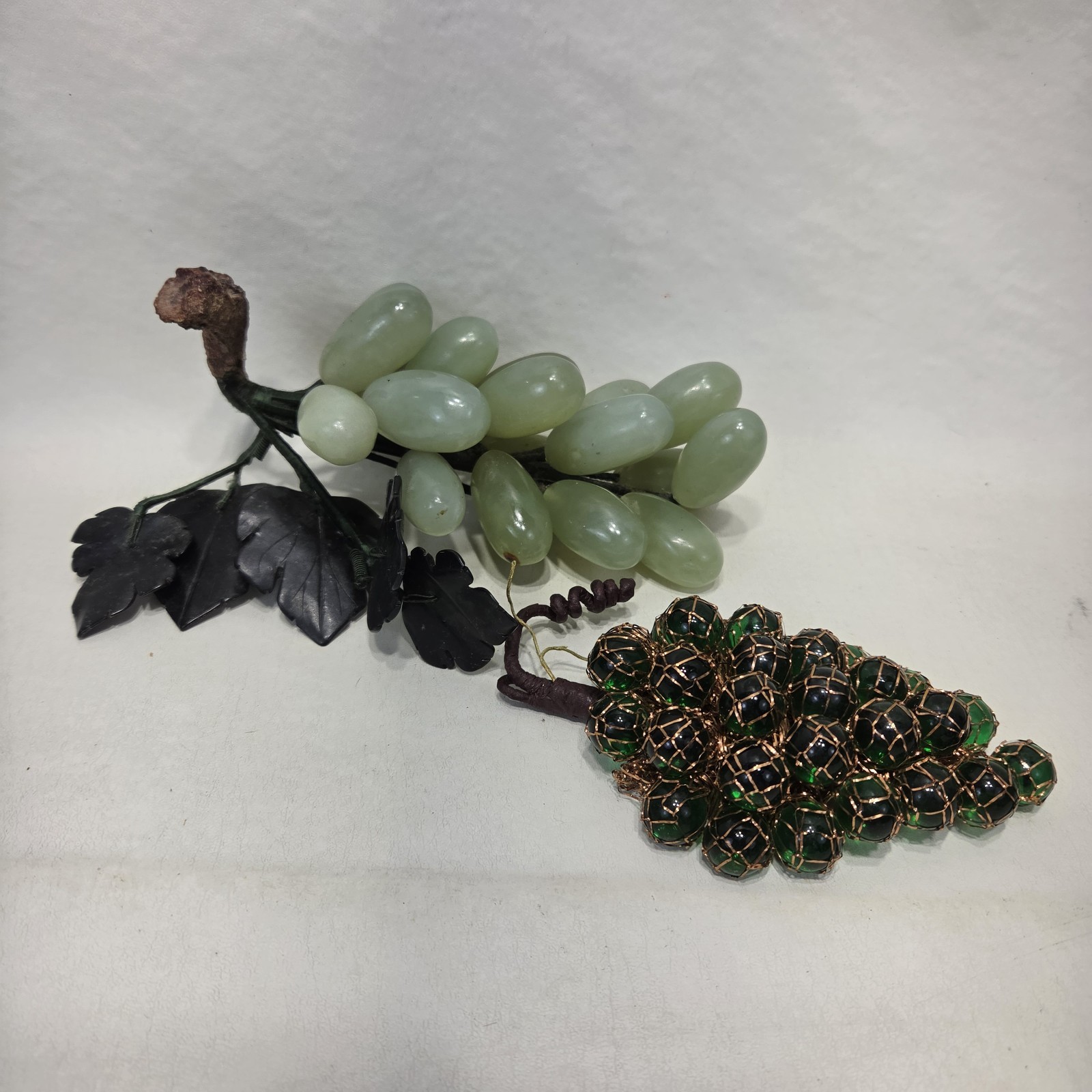 Vintage Marble Jade Agate Stone Grapes And Glass With Copper Grapes Green