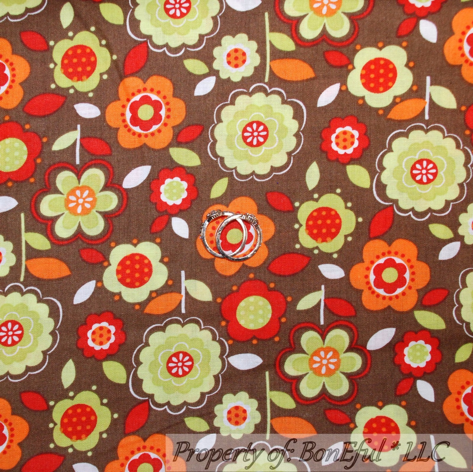 BonEful Fabric FQ Cotton Quilt Brown Orange Green Flower Leaf Fall Thanksgiving