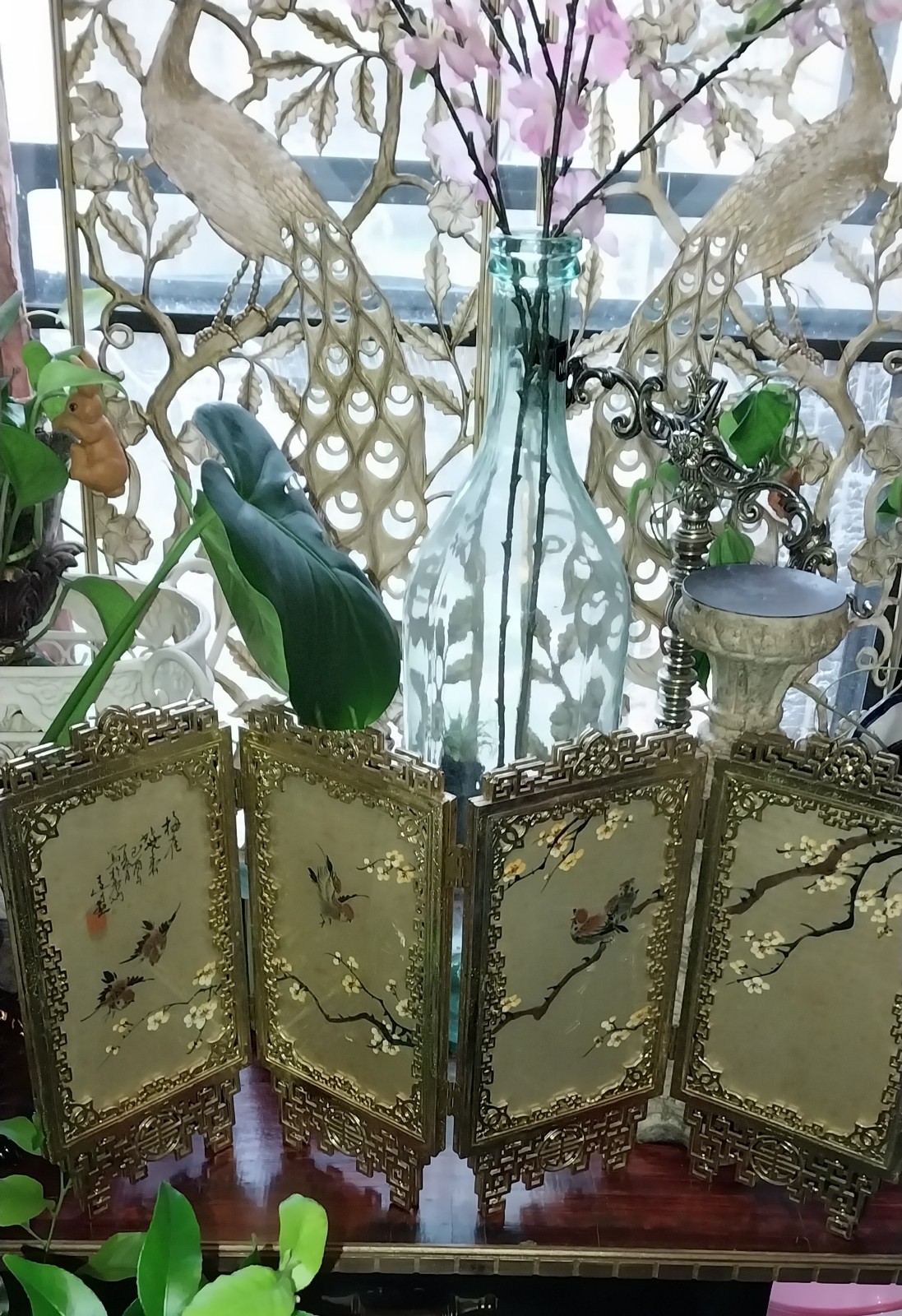 Vintage Chinese Folding Table Top Screen Handpainted 4 Panel fabric