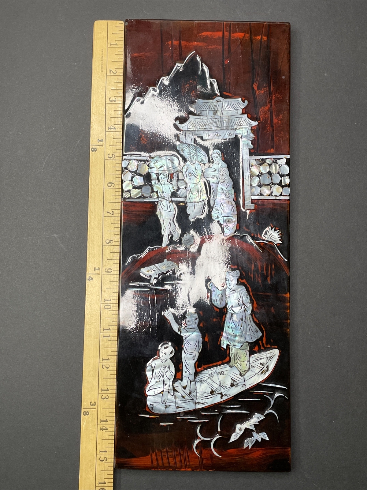 Vintage 1980s China Mother-Of-Pearl Lacquered On Solid Wood Figural Wall Art 15″