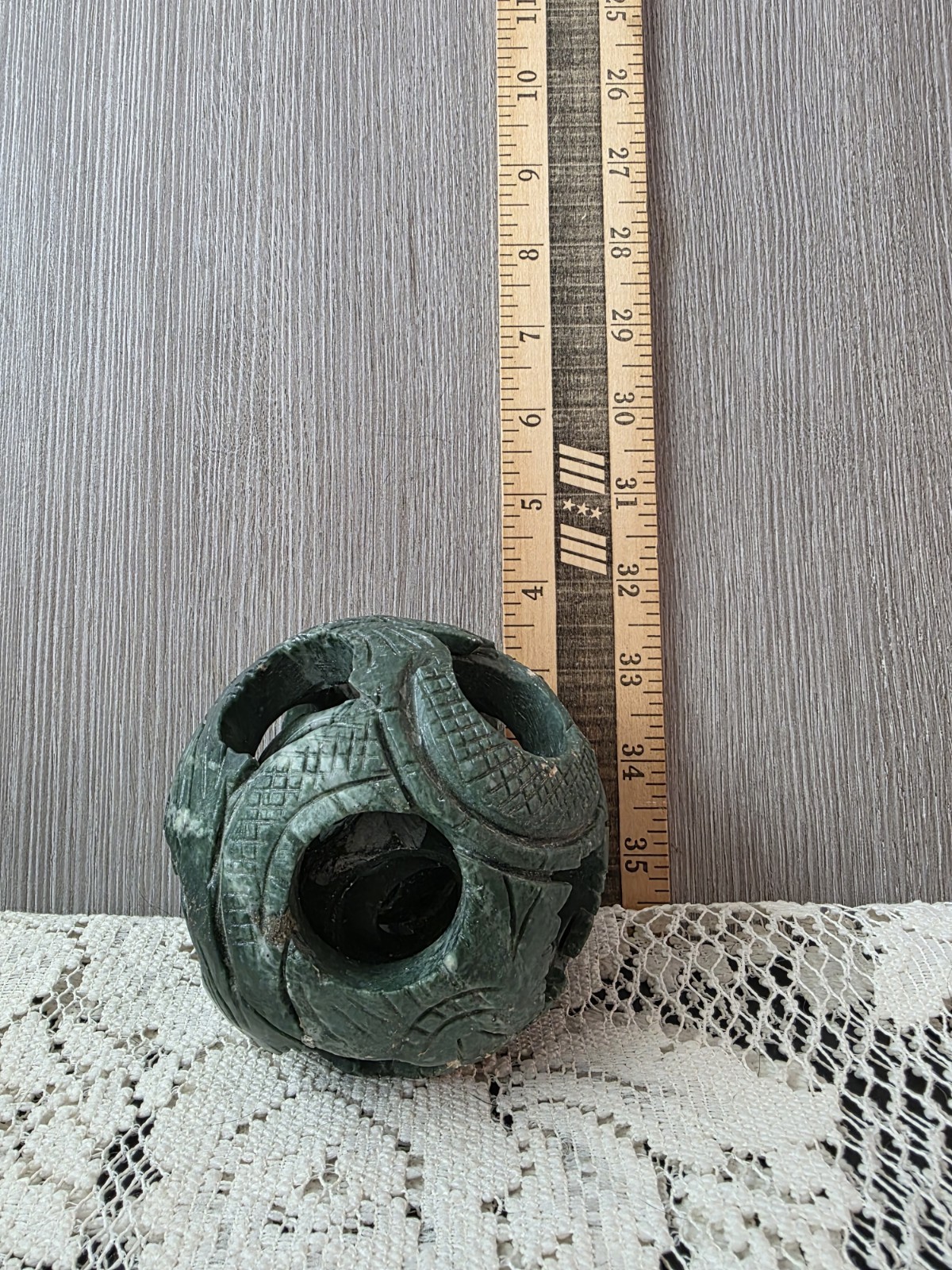 Vintage Carved Green Soapstone Chinese Puzzle Ball 4″ Mystery Sphere w/ Wood…