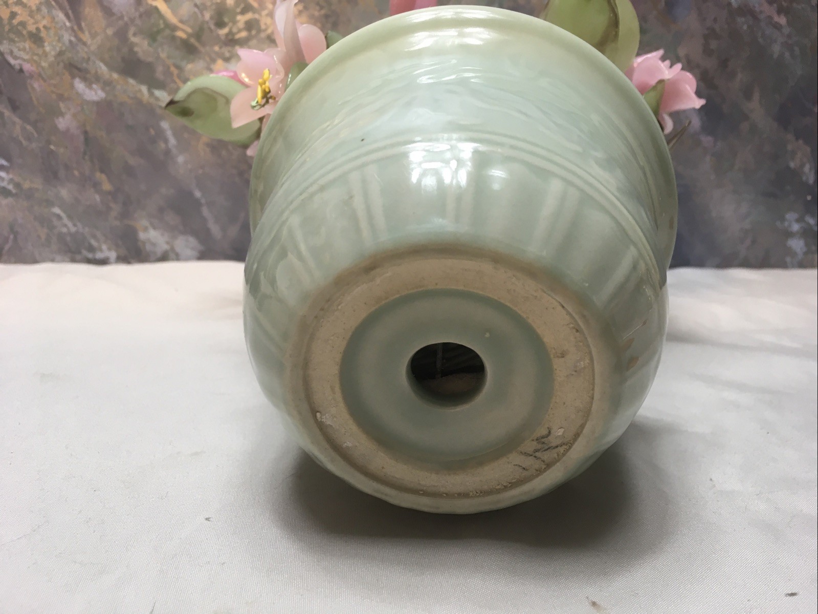 Oriental Bonsai Jade Color Art Glass Flowers Tree Celadon Porcelain Pot 12″-READ