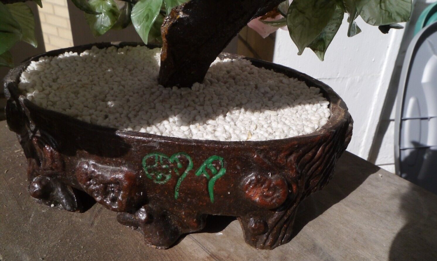 Jade Bonsai Tree Asian Chinese Japanese Art Glass Agate Pot Flowers VTG Dogwood?