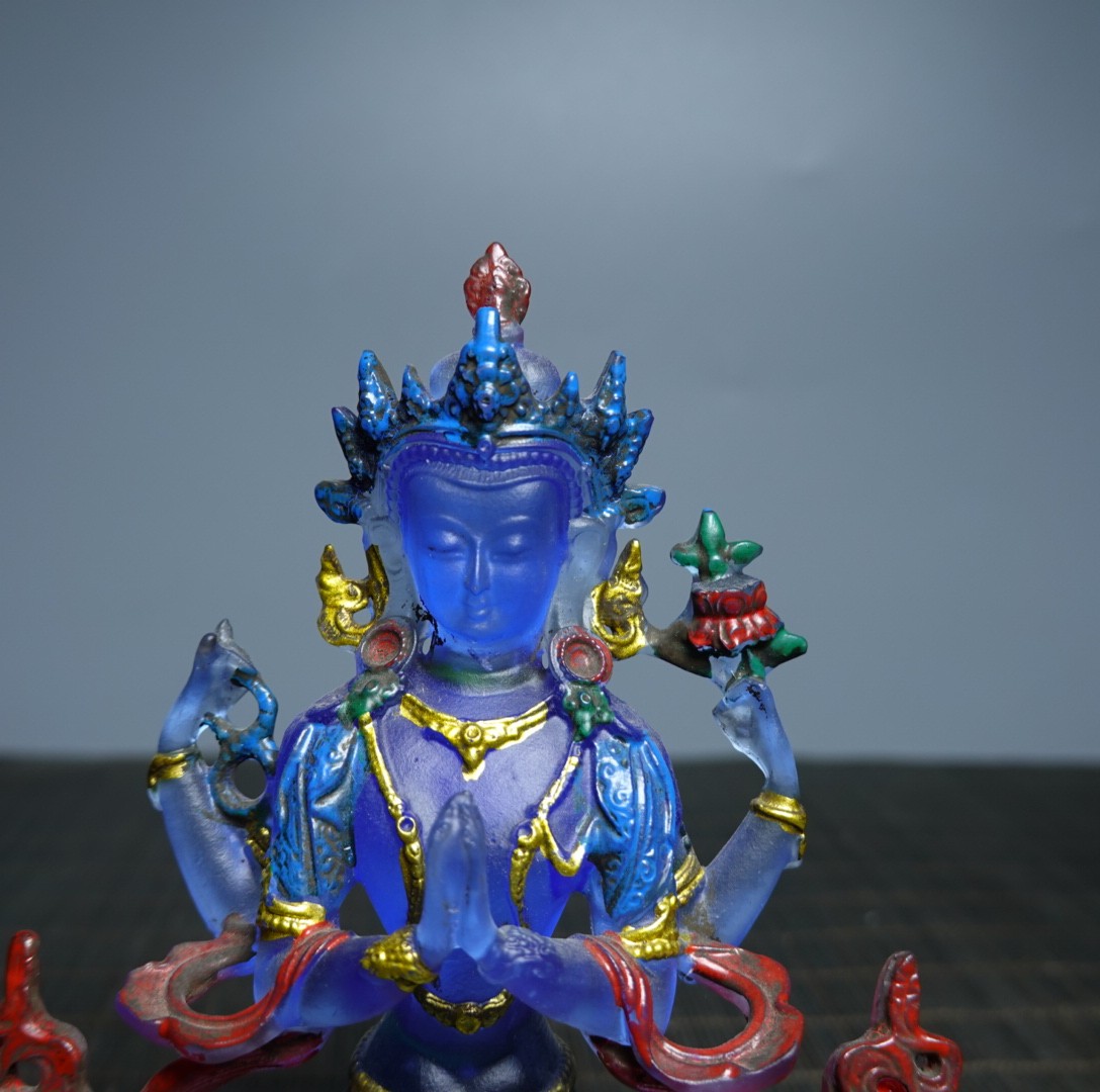 5.1″ Collect China Coloured Glaze Painted Four Arms Guanyin Kwan-yin Statue