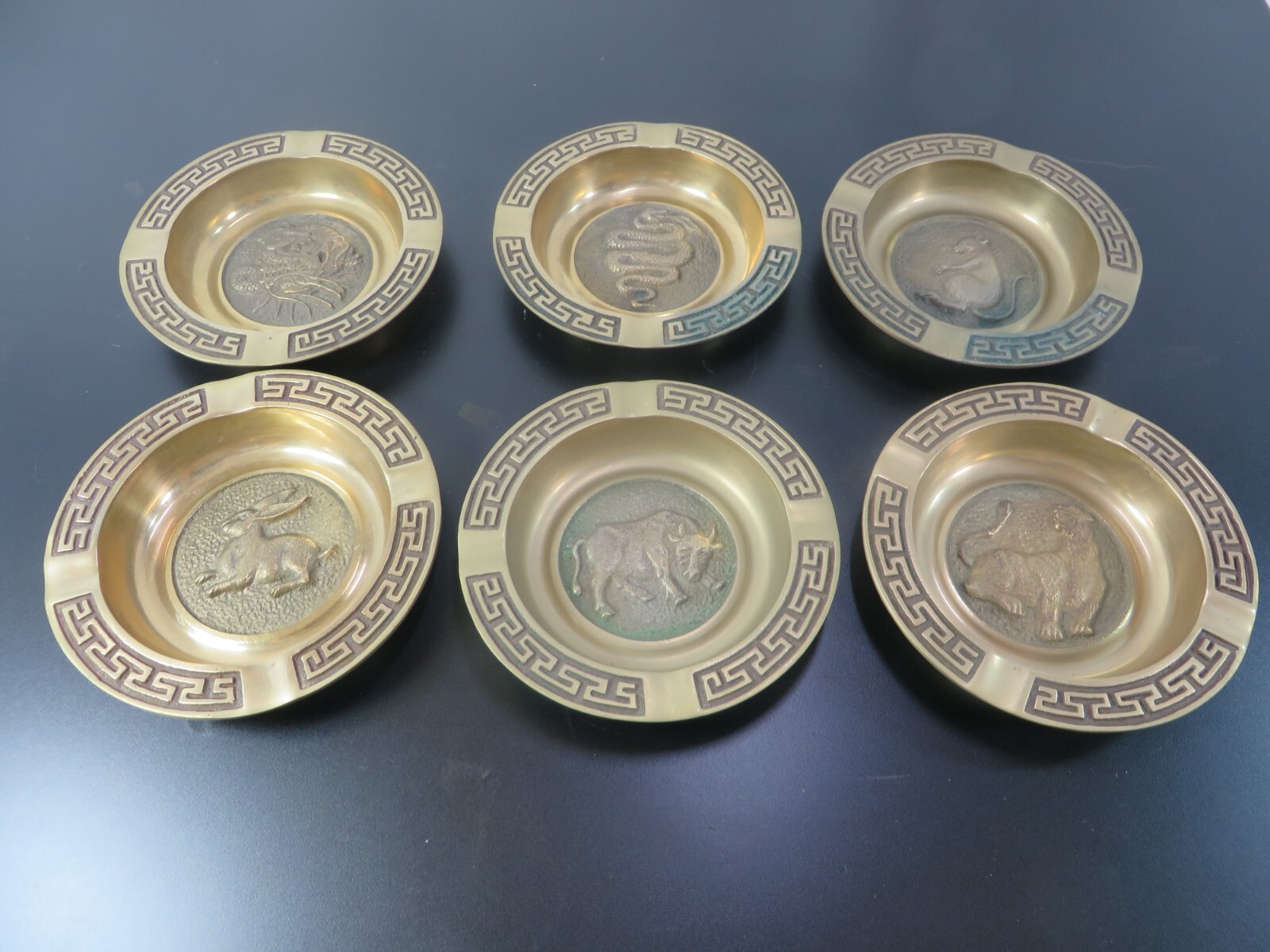 Vintage Brass Ashtrays Chinese New Year Zodiac Symbols Astrological Set Of 6