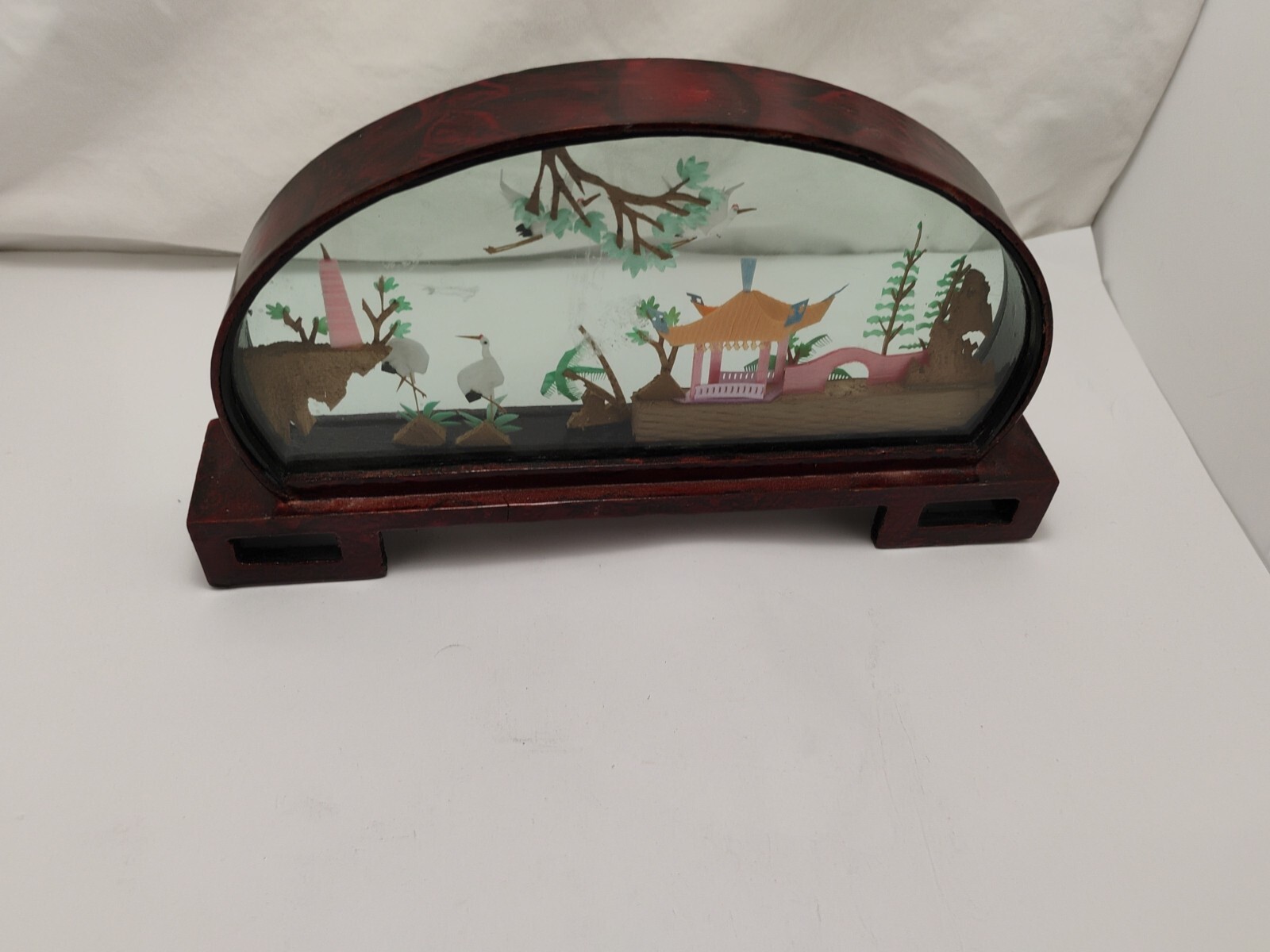Vintage Chinese Cork Art HAND MADE Oval Lacquered Wood Glass 14×2″ Beautiful