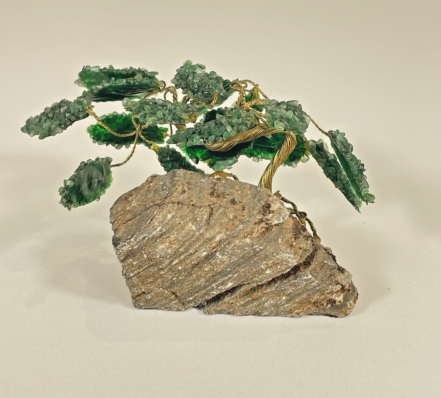 Vintage Green Crystal Bonsai Tree Sculpture Copper Wire on Natural Stone Base