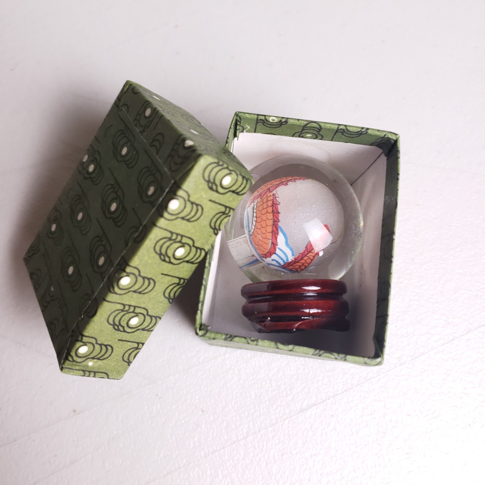 Vintage Reverse Painted Glass Dragon Globe Miniature Art Sphere With Stand Box
