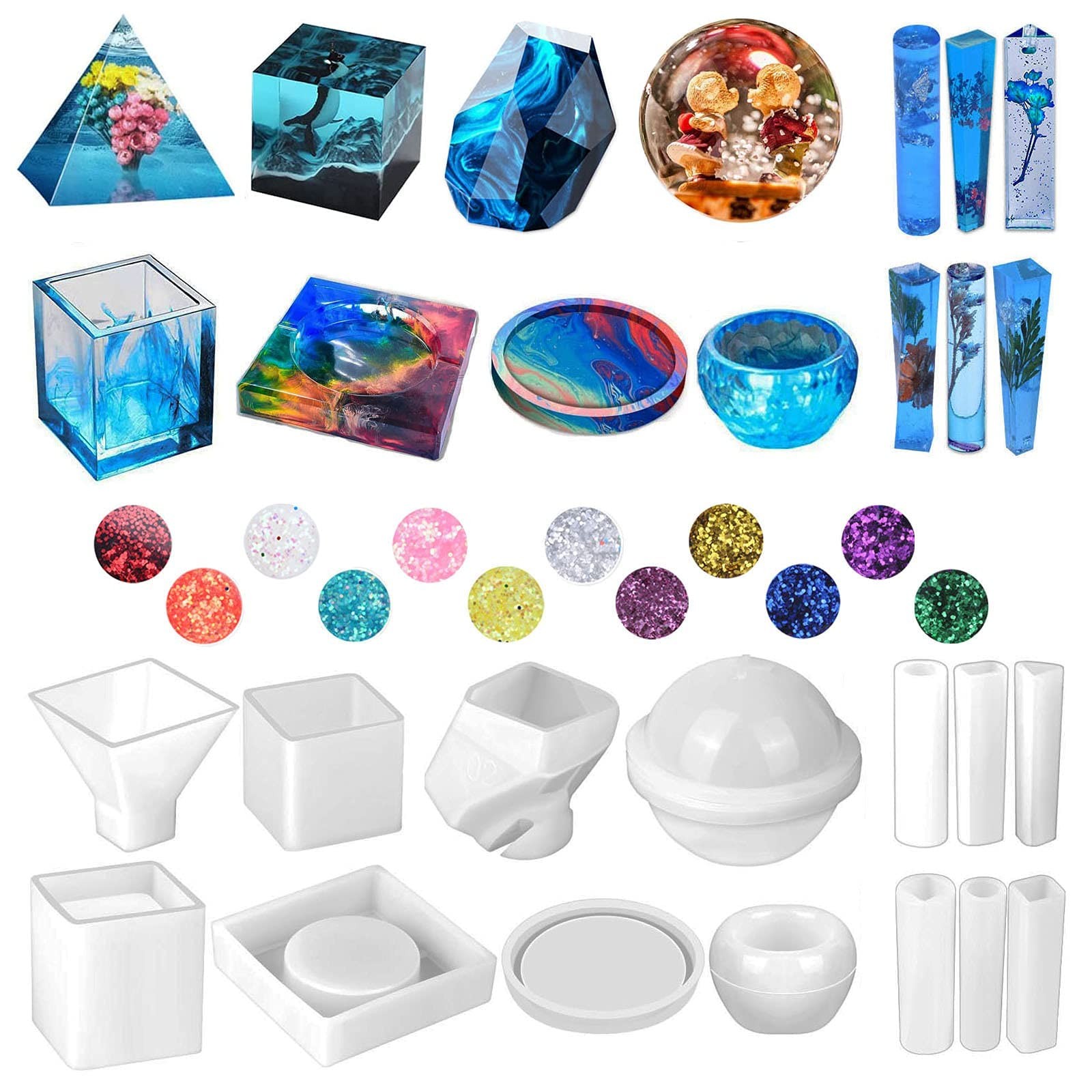 Silicone Resin Molds Kit 26pcs Epoxy Molds Large Casting With 12 Glitter Sequins